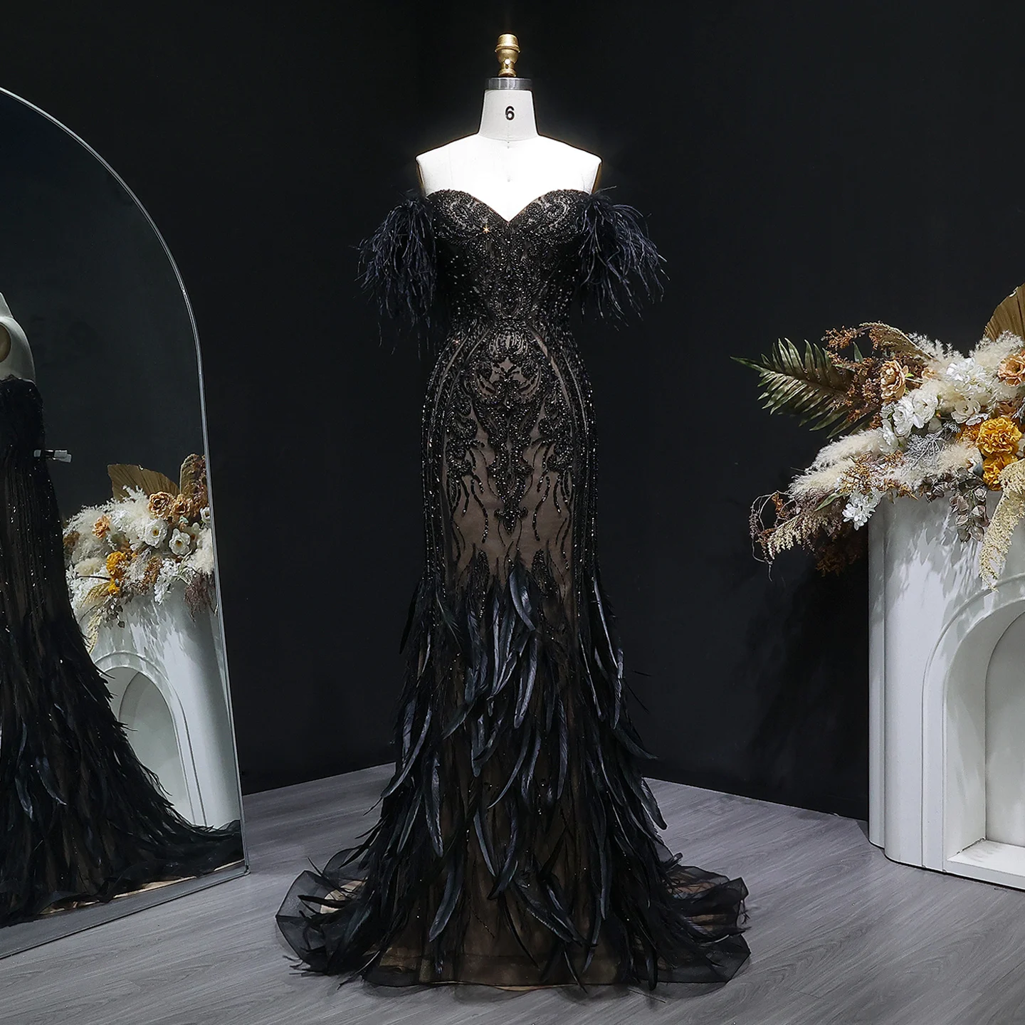 Sharon Said Luxuriöse Meerjungfrauen-Abendkleider, schulterfrei, mit Federn und Perlen, saudi-arabische Damen-Partykleider SS792, maßgeschneidert – Detail 4