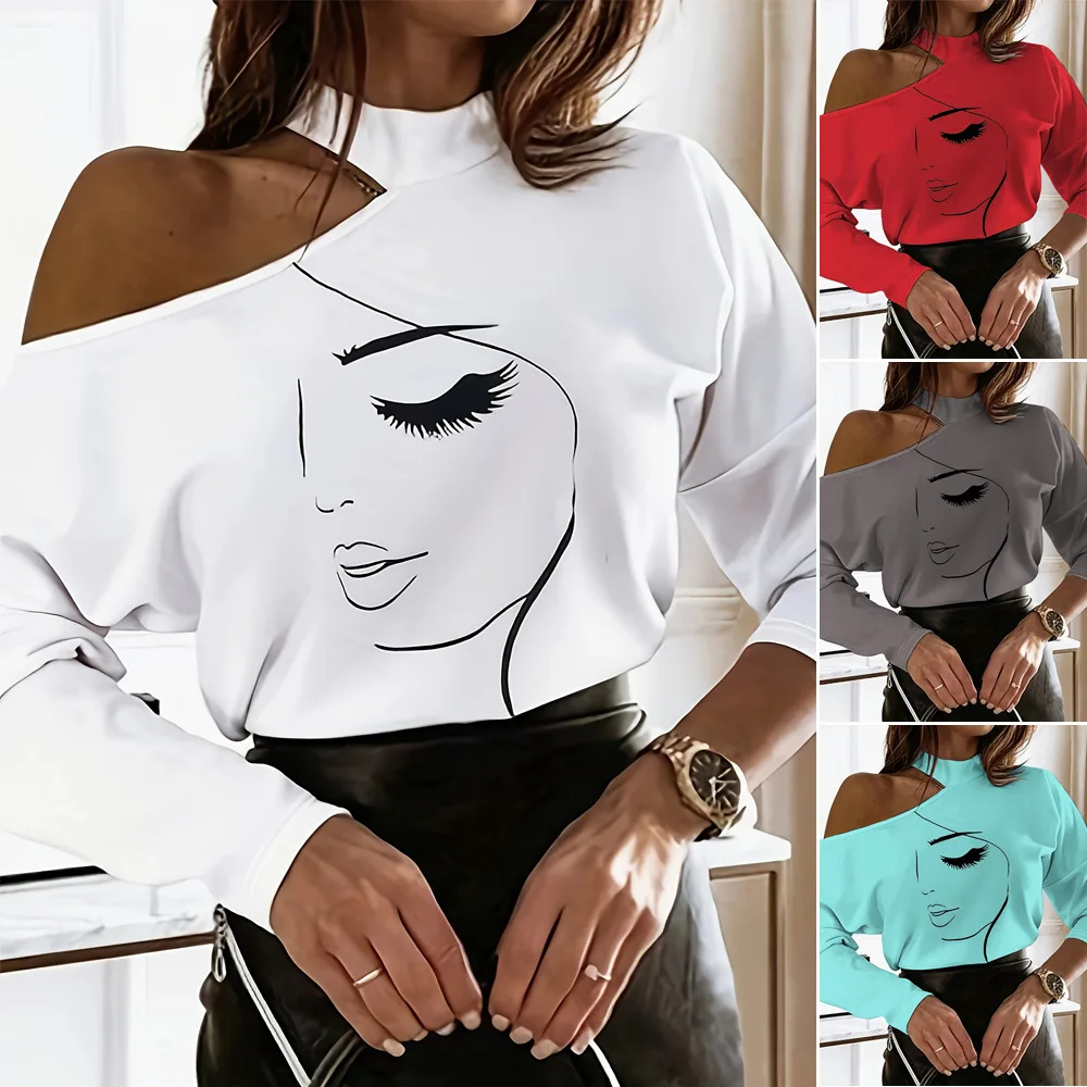 

Tops Women Print Top Full Sleeve Oblique Shoulder Casual White Y2k Streetwear Elegant Tees Splice Shirts Temperament 2025
