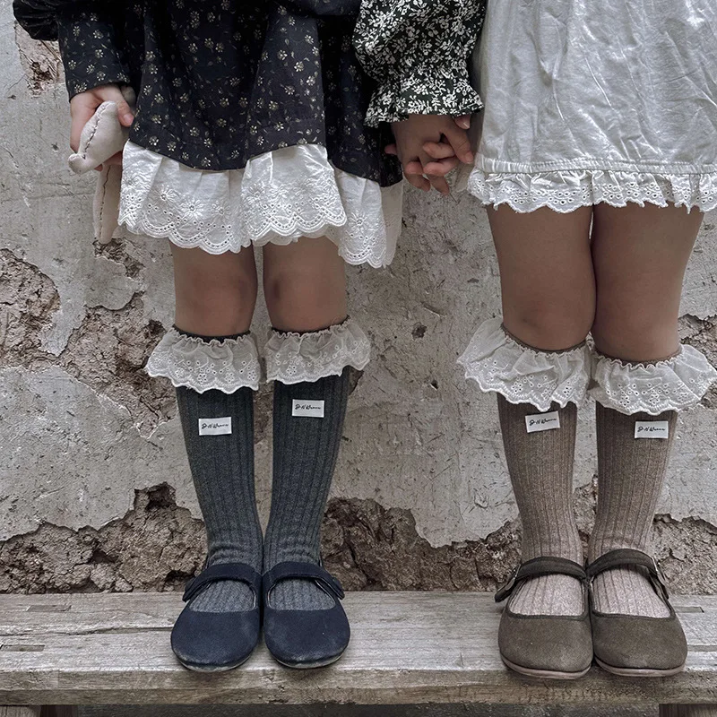 

Girls Socks Autumn and Winter Korean Version Lace Cloth Label Princess Medium Tube Kids Accessories