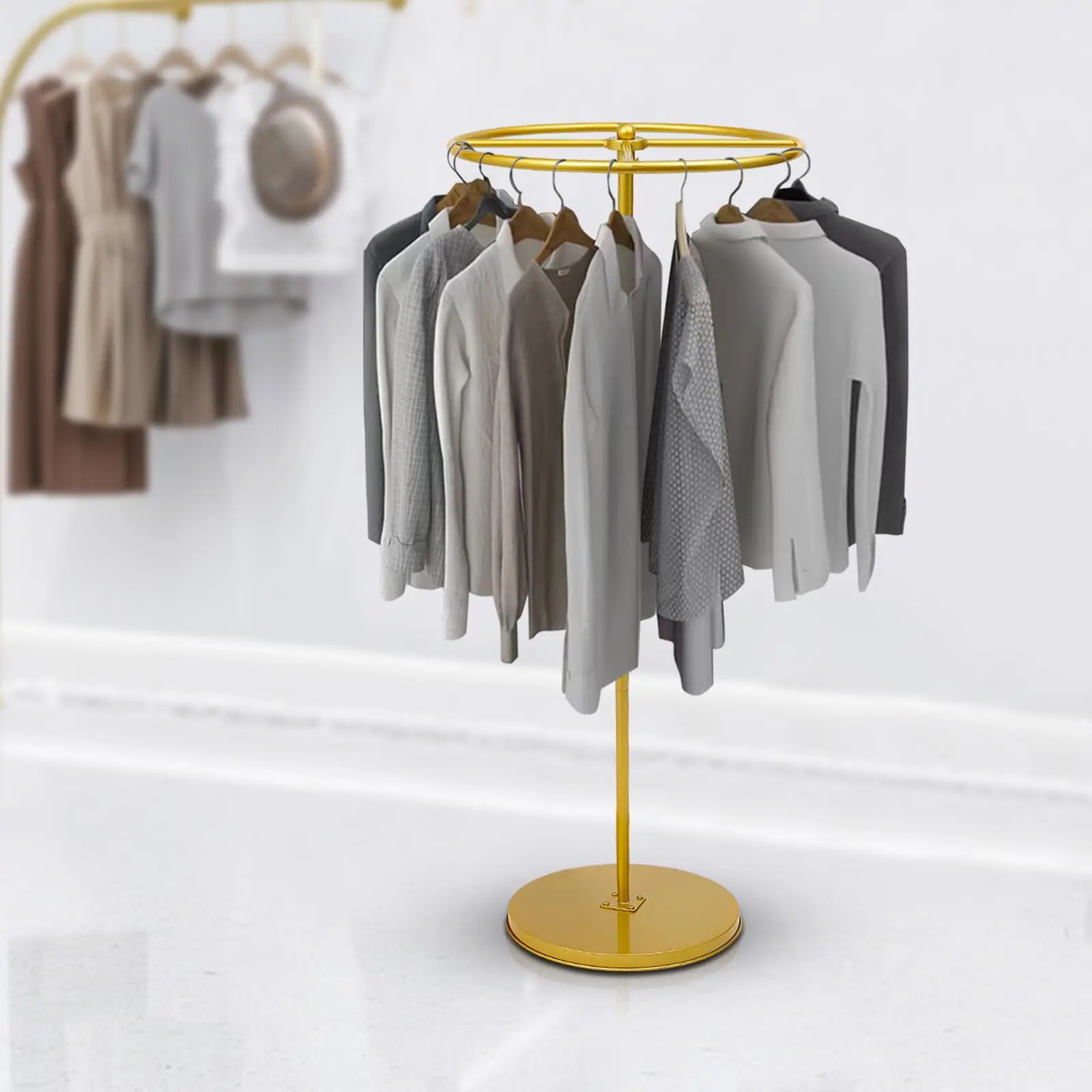 Rotatable Round Garment Rack, Floor Standing Golden Clothes Hanging Rack, Portable Retail Display Stand for Shopping Malls Retail