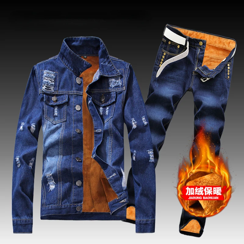 Winter Men Fleece Lining Thick Warm Denim Two Piece Set Slim Fit Cowbody Jacket Jeans Suit Safari Style Cargo Pants Matching Set