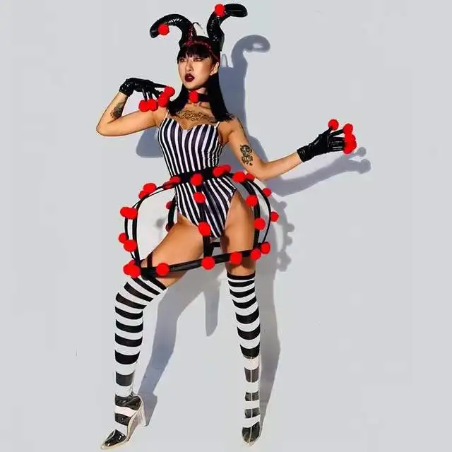 Circus Clown Party Show Stage Clothes Black White Striped Bodysuit Ox horn Headdress Outfit Nightclub Bar Dancer Women Costume