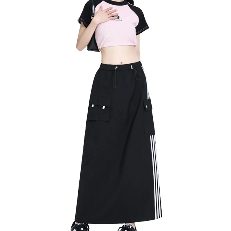 ITOOLIN Women Drawstring Stripe Long Skirt Casual Loose High Waist Office A-line Skirt Women Y2K Streetwear Side Slit Skirts