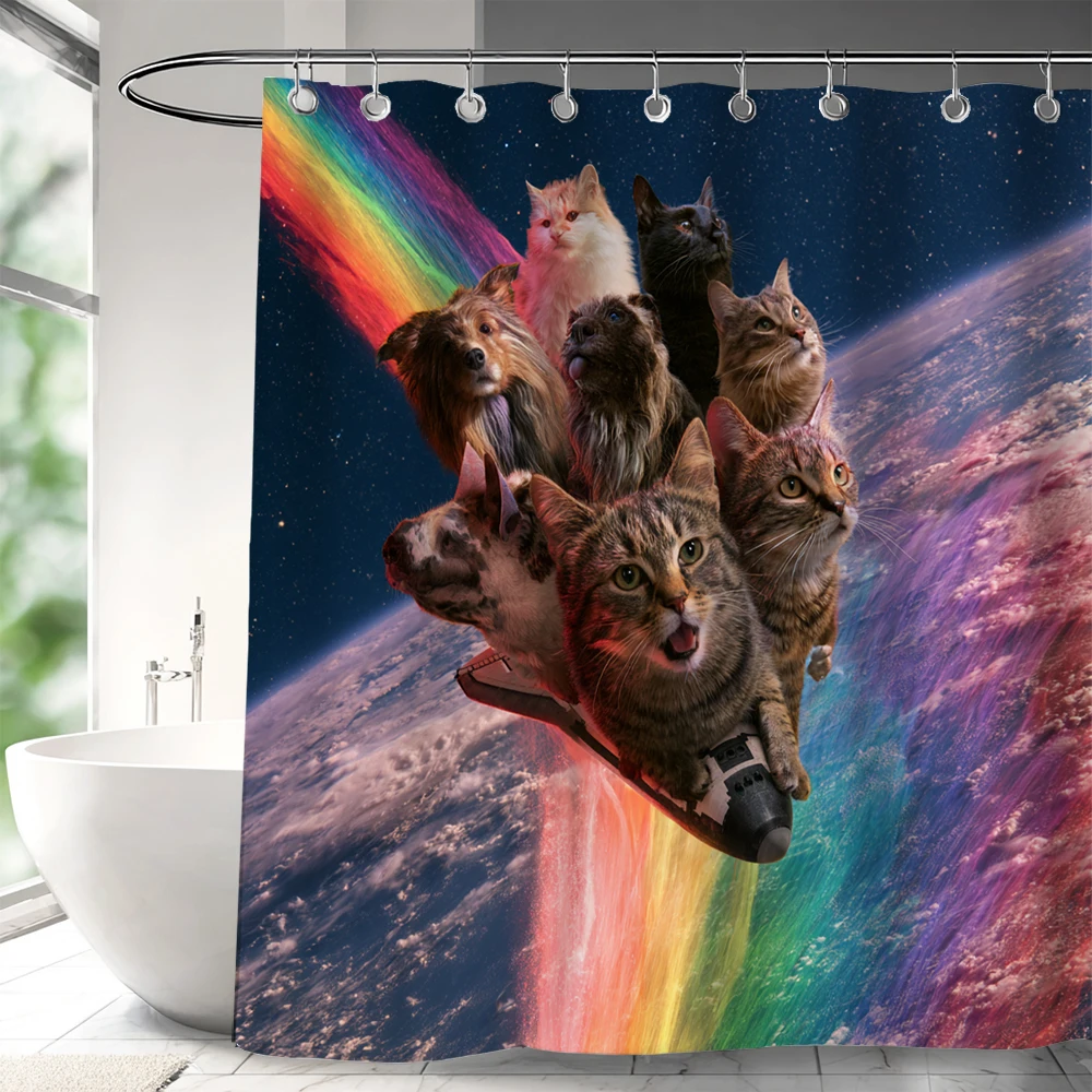 1pc Starry Rainbow Funny Cat Shower Curtain,Unique and Creative Design Cats Bathroom Curtain,Home Decoration Curtain With Hooks