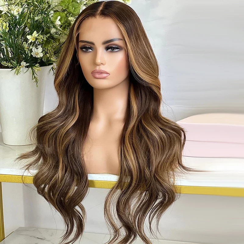 

Soft Long Body Highlight Blond Glueless 26'' Wave 5x5 Silk Base Jewish Human Hair Wig Baby Hair HD Lace European Hair Preplucked