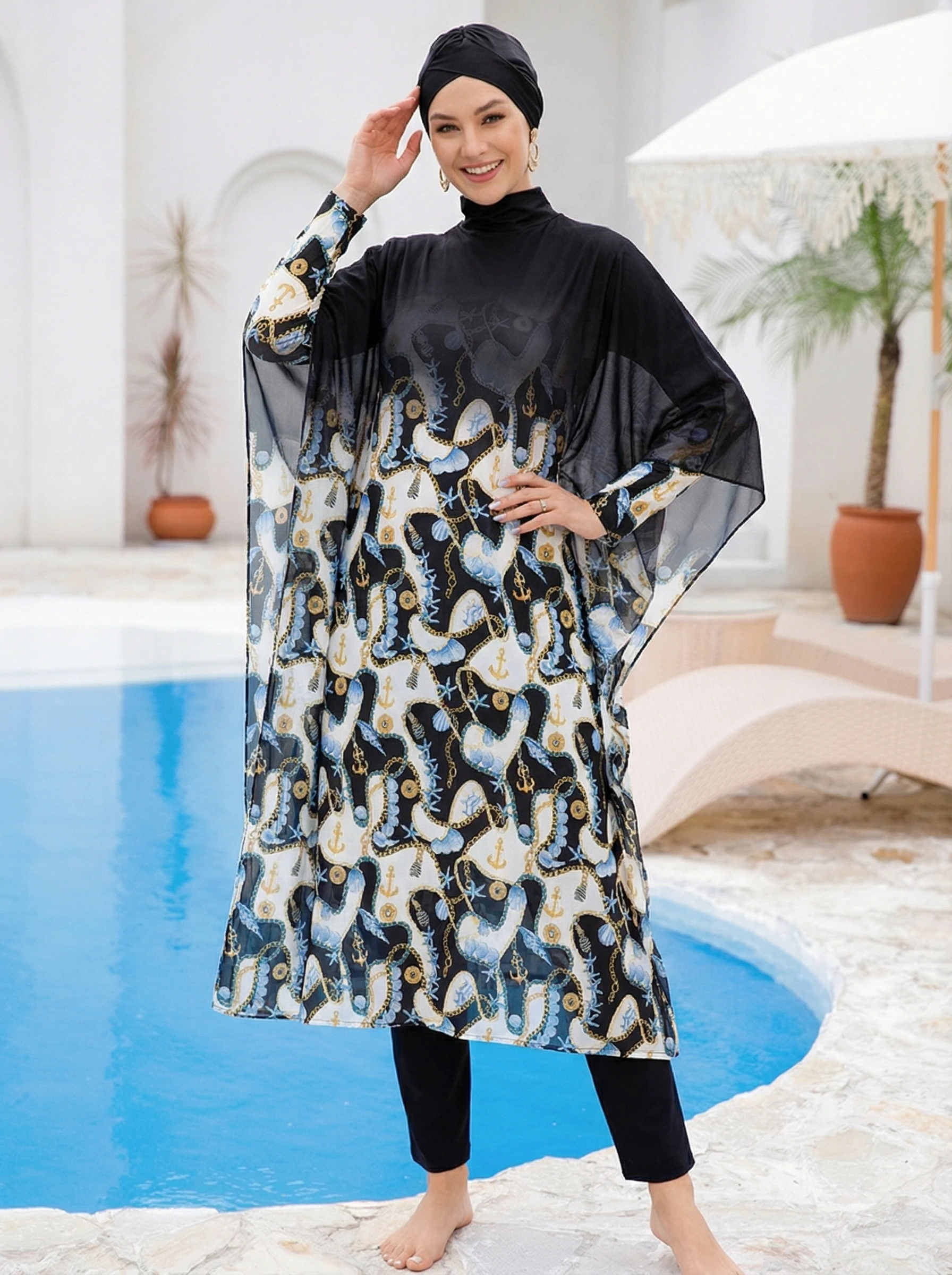 

4PCS/set burkini Long sleeved fully wrapped conservative swimsuit vacation style cover slim fit beach women's swimsuit set