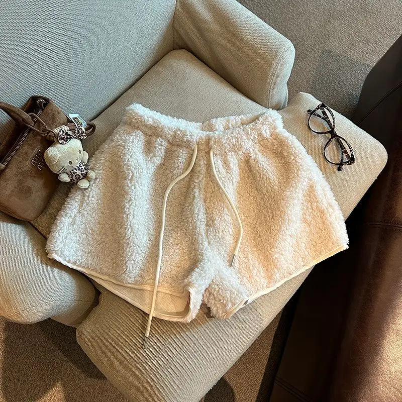 กางเกงขาสั้นแบบมีเชือกผูกเอว สำหรับฤดูใบไม้ร่วงและฤดูหนาว ผ้าหนา อุ่น ยืดหยุ่น เอวสูง ทรงหลวม ขากว้าง