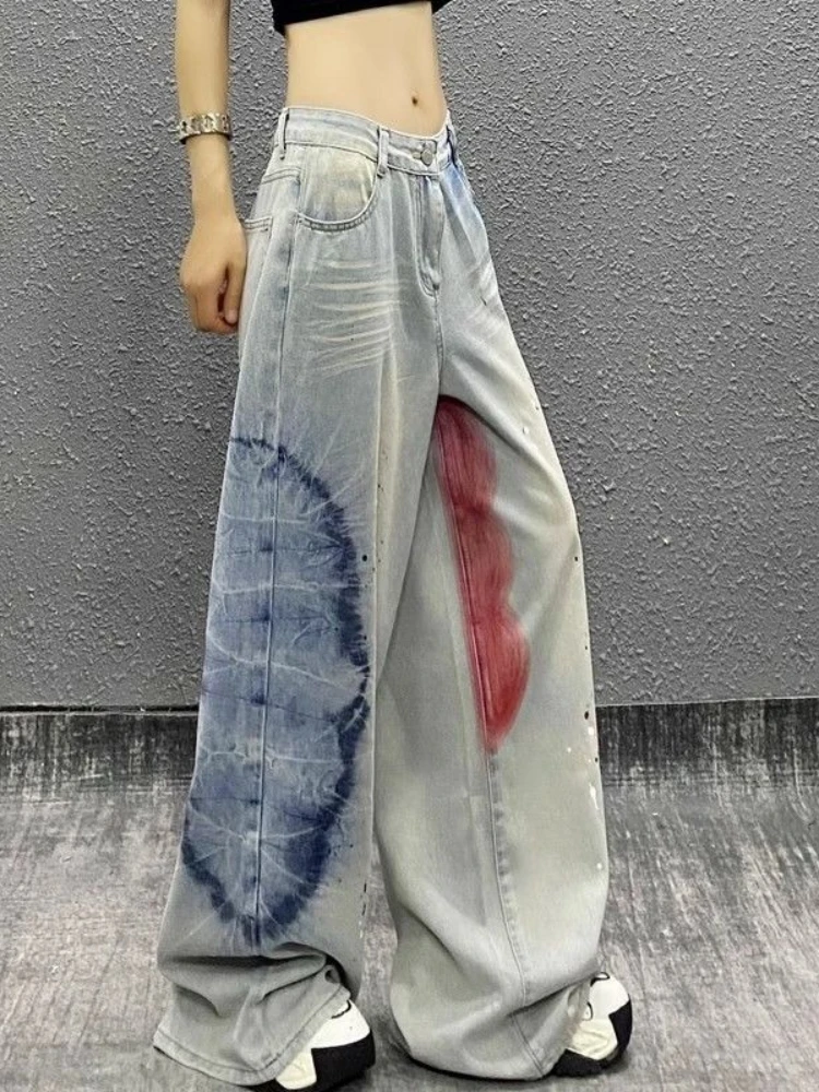 

2025 Spring Summer Jeans Print Contrast Color Design High Waist Casual Loose Wide Leg Pants Y2k Harajuku Vintage Women Clothing