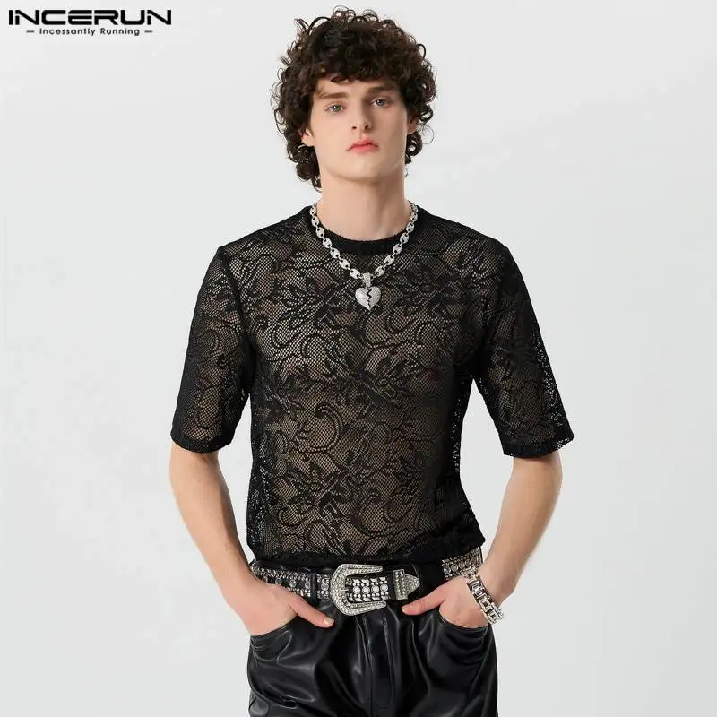 INCERUN Men T Shirt Lace Transparent O-neck Sexy Short Sleeve Summer Camisetas Streetwear 2024 Fashion Casual Men Tee Tops S-5XL