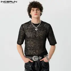 INCERUN Men T Shirt Lace Transparent O-neck Sexy Short Sleeve Summer Camisetas Streetwear 2024 Fashion Casual Men Tee Tops S-5XL