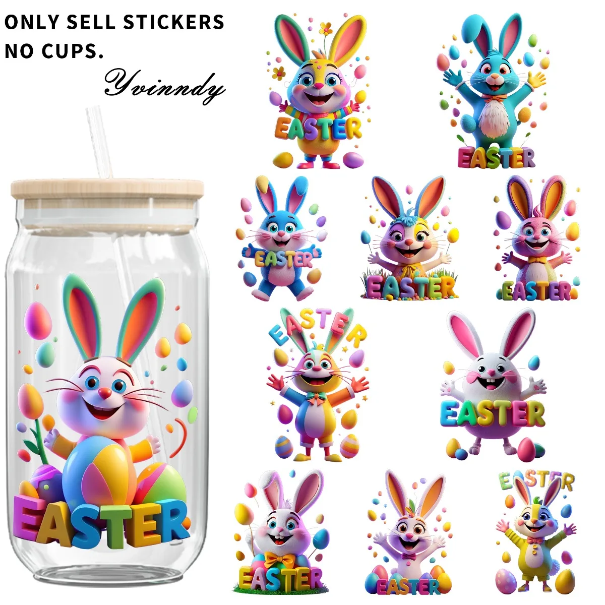 4 Stück/Set Bunte 3D-Hasen Oster-DIY-Licht Beige Tumbler-Wraps Dekorative Transferfolie UV DTF