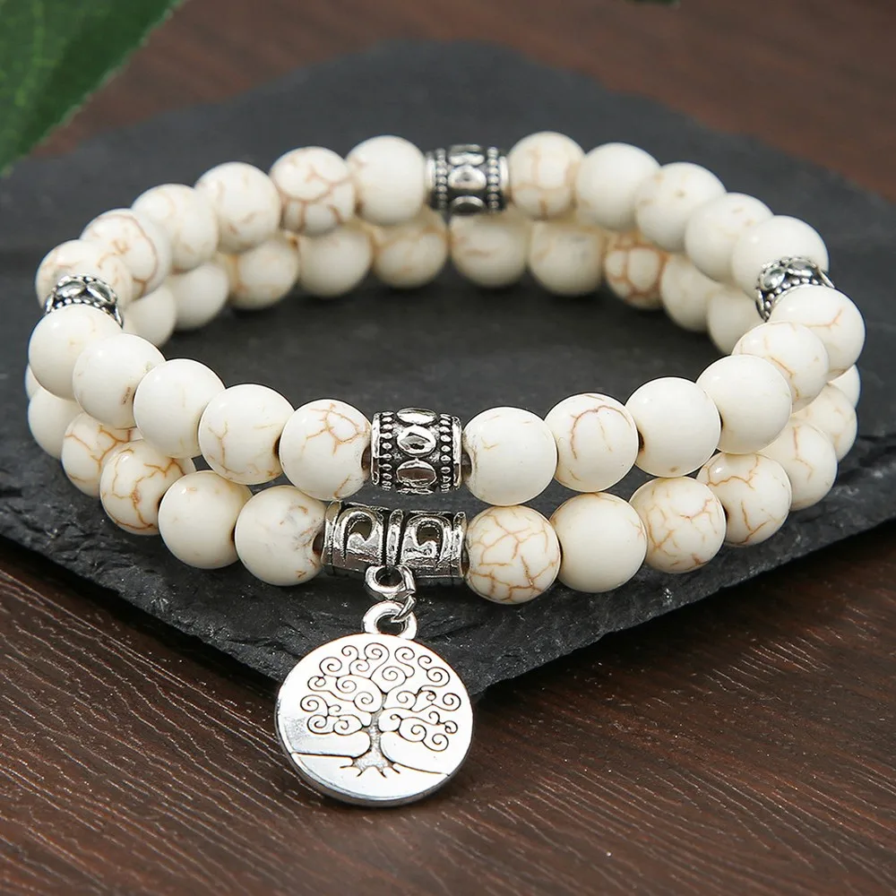 8mm White Green Turquoise Beaded Bracelet Tree of Life Pendant Jewelry 2 Piece Set for Women
