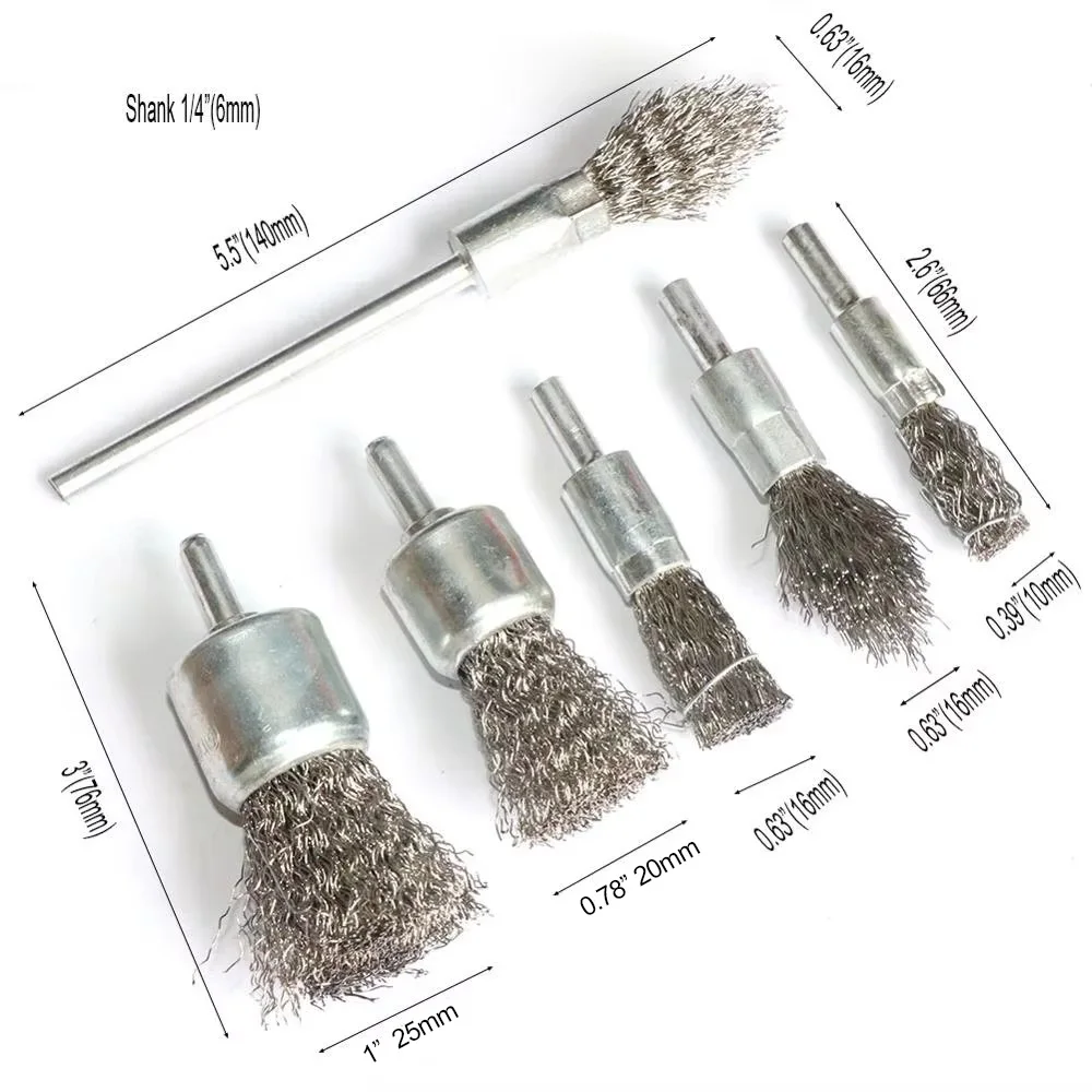 6pcs 1inch 10mm/16mm Stainless Steel Wire Wheel End Brush for Drill shank 1/4
