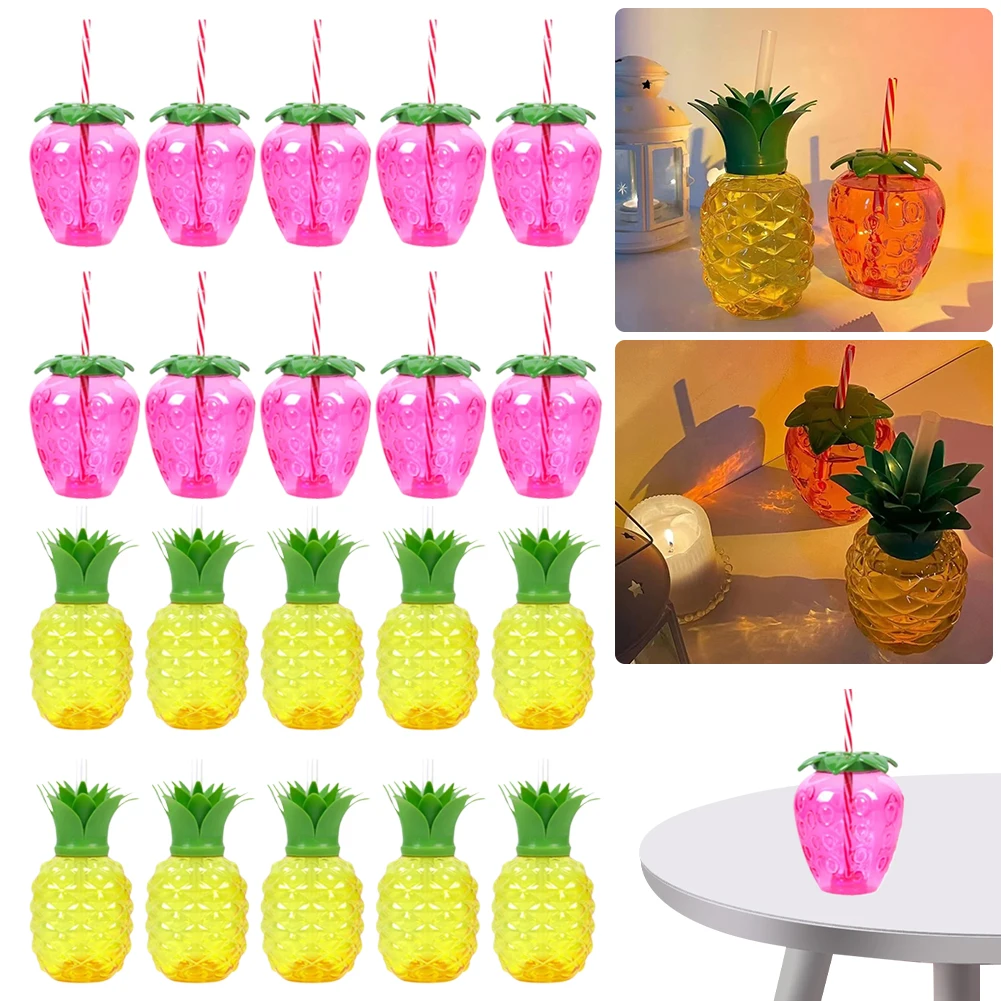 10Pcs Plastic Strawberry Pineapple Drinking Cup with Straw Water Cups Fruit Shape Luau Flamingo Summer Beach Pool Party Decor