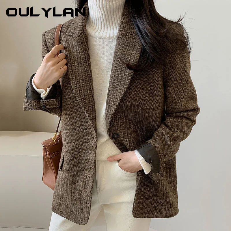 

Элегантные женские свободные шерстяные блейзеры с отложным воротником, Осень-зима 2024, однобортный женский костюм с длинным рукавом, пальто, куртки