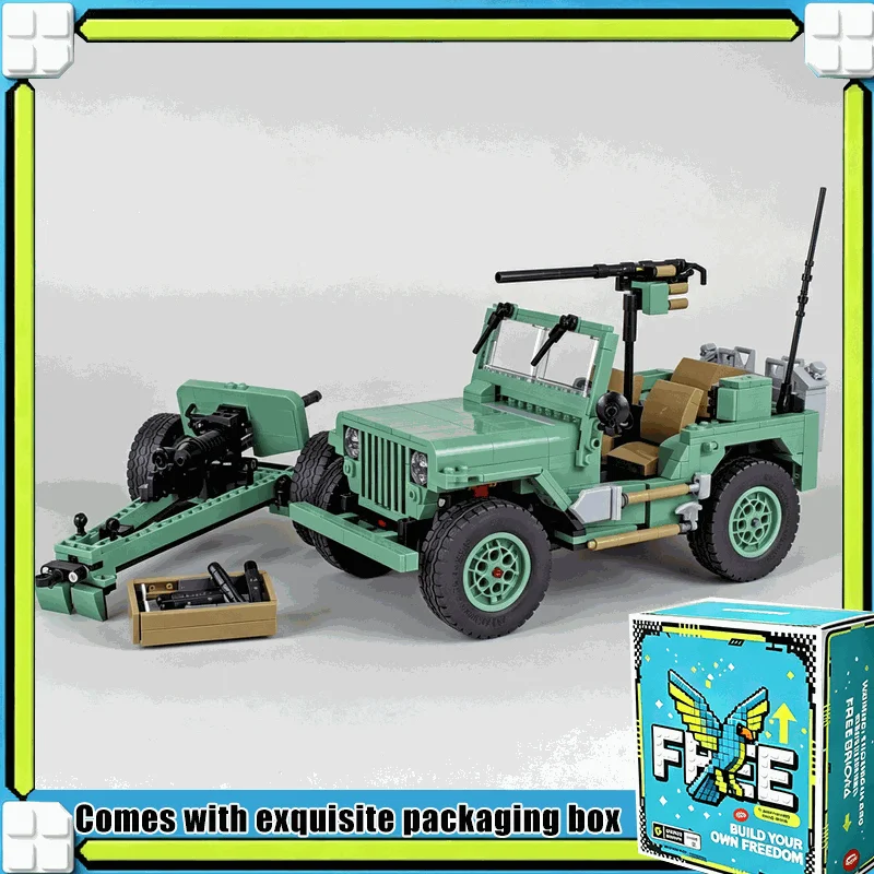 1202PCS Vintage Army Off Road Utility Vehicle Model Custom Building Blocks Classic Field Car DIY Assembly Toy Display Gift