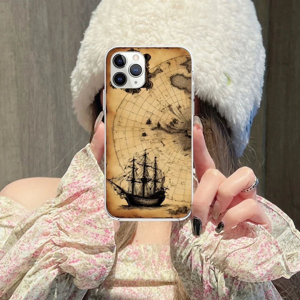 Compass Map Voyage Mobile Cell Phone Case for iPhone 15 14 13 12 11 X XR XS 8 Pro Max Plus Mini Clear Transparent Cover Shell