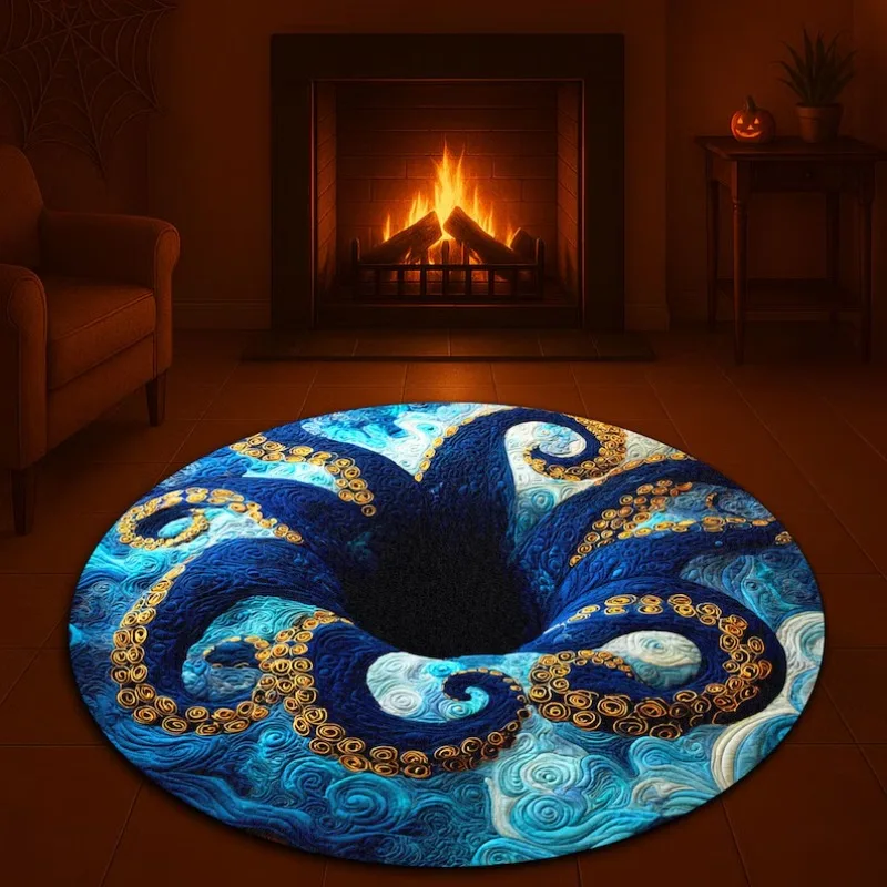 سجادة الوهم كراكن في أعماق البحار، مخالب زرقاء مهيبة مع سجادة دائرية مصاصات ذهبية، سجادة غامضة على شكل سطح المحيط #3