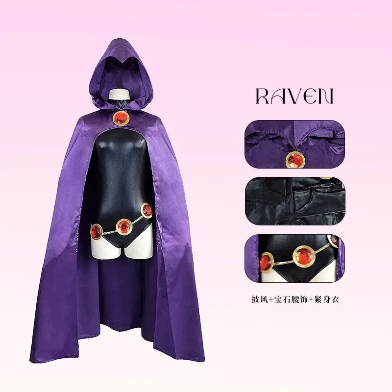 Teen Cosplay Titans Raven Cosplay Costume Wig Superhero Purple Cloak Jumpsuits Zentai Chain Halloween Women Party Anime Costume