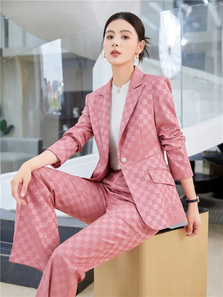 Blazer e pantaloni a maniche lunghe da donna completi da ufficio completi da donna pantaloni a quadri rosa abbigliamento da lavoro autunno nuova