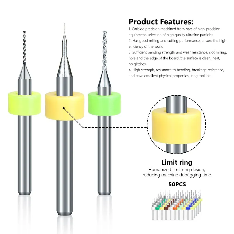 XCAN PCB Drill Bit 50pcs 0.3-1.2mm  Carbide Drill Bit For Drilling PCB Circuit Board 1/8\'\' Shank Micro Gun Drill