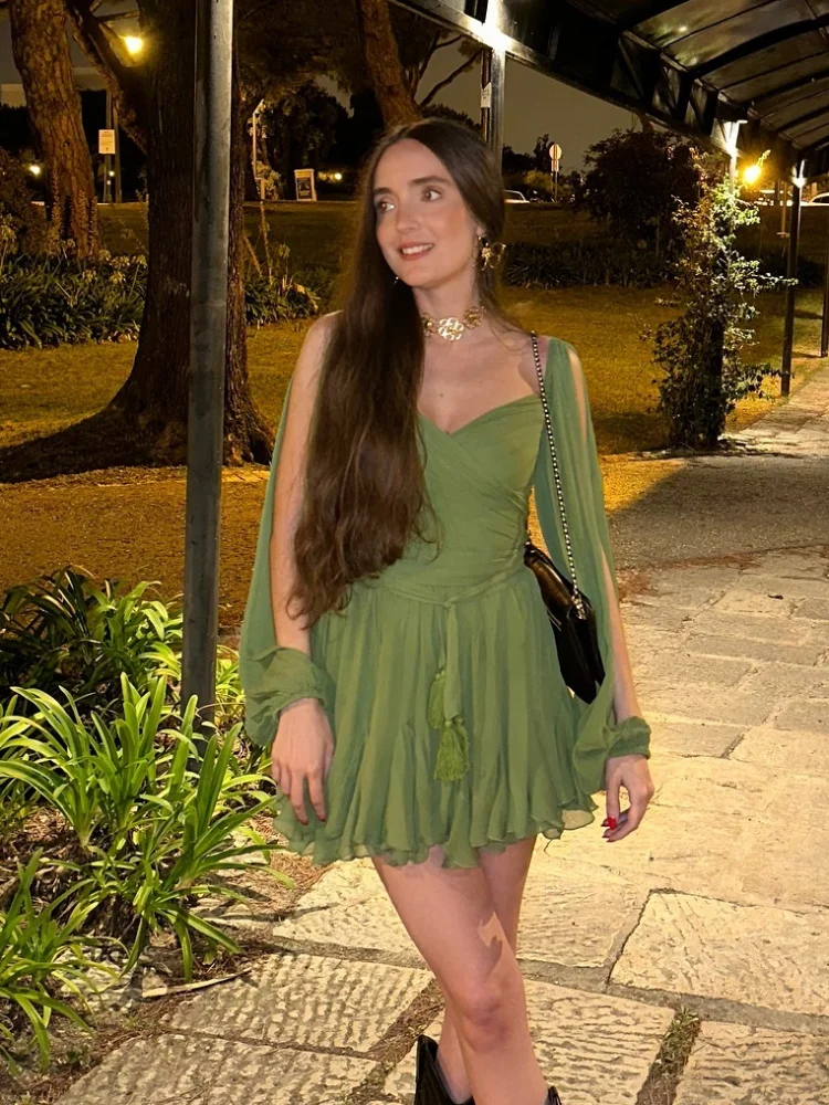 Women's Elegant Long Slit Sleeve Ruffles Green Party Dress Fashion V-neck High Waist A-line Dresses 2025 Lady Evening Vestidos