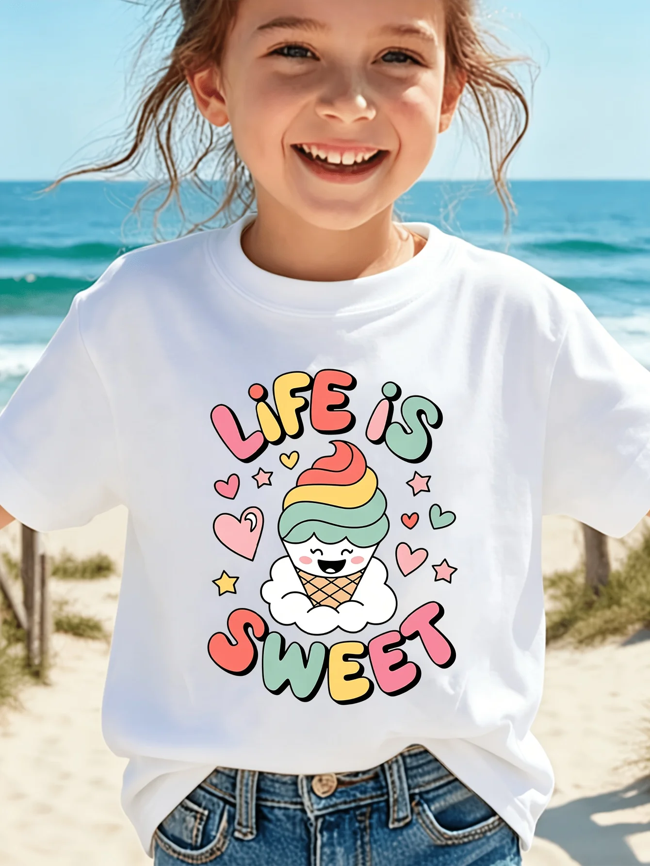Kids Life Is Sweet Ice Cream Hearts Stars Graphic Tee Boys Girls Family Matching Short Sleeve Summer Casual Daily T Shirt