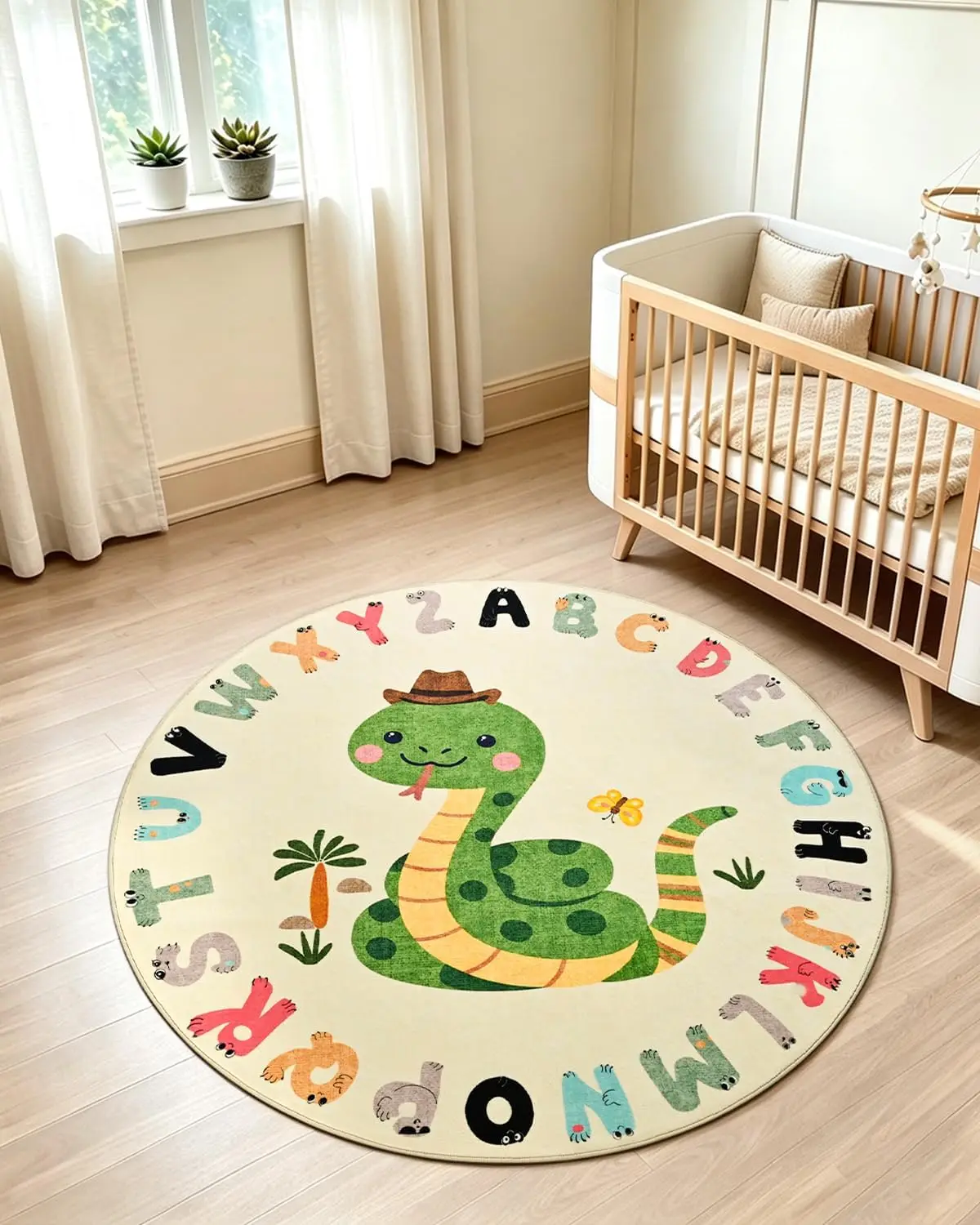 Learning Alphabet Rug for Kids Nursery Play Mat Educational ABC Toddler Circle Carpet Room Decor Dinosaur Snake Print Polyester