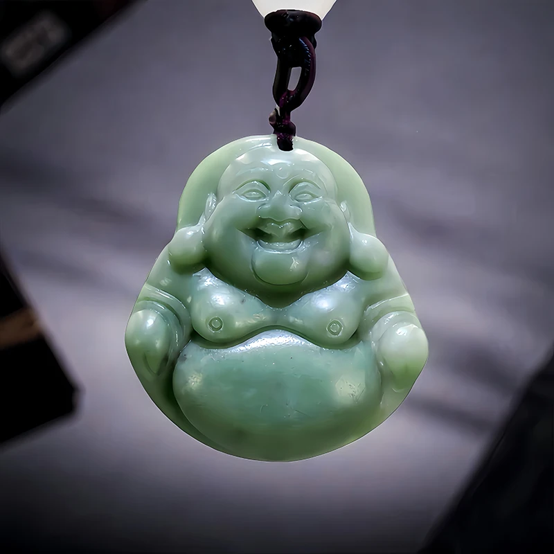 Green Natural Real Jade Maitreya Buddha Pendant Necklace Gemstones Stone Carved Jewelry Talismans Chinese Luxury Fashion Gift