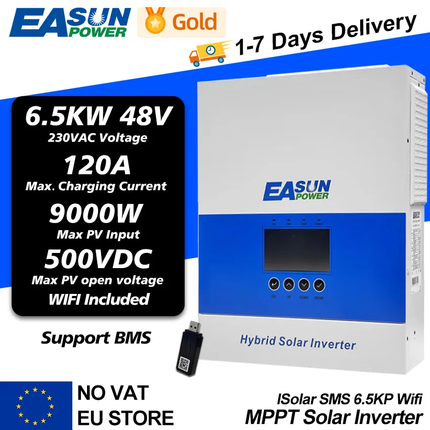 EASUN POWER 6.5KW Hybride Solar Inverter 120A Off Grid 48V Zonne-energie 6500W 60 tot 500VDC Lader met WIFI BMS Ondersteuning Parallel