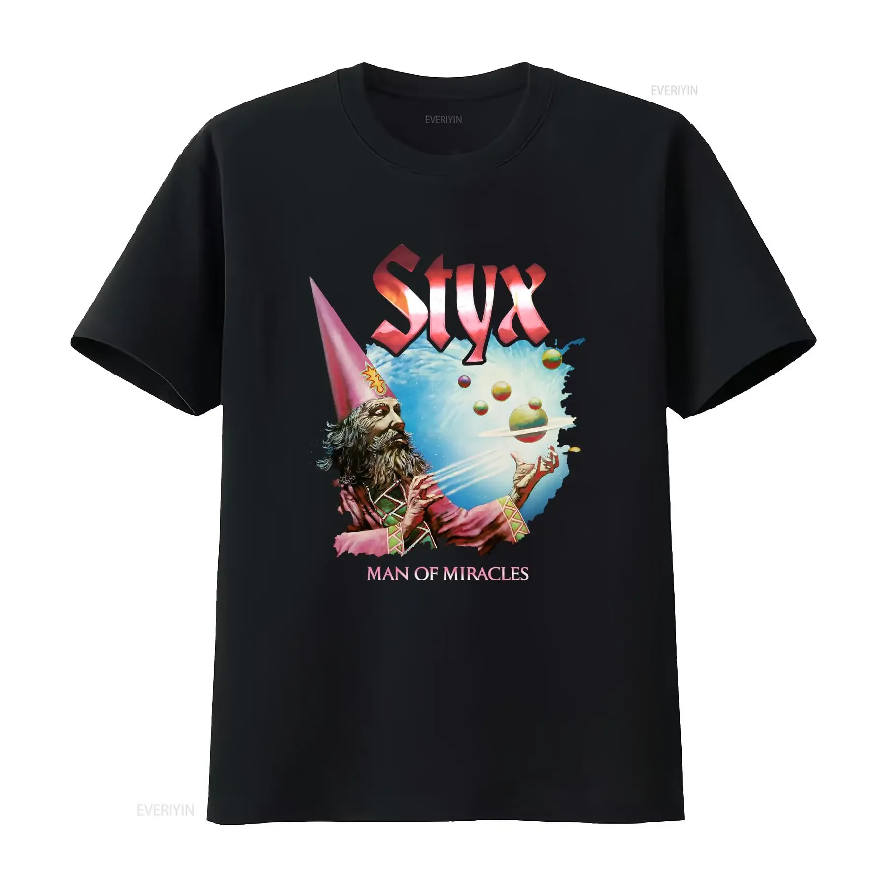 T-shirt décontracté vintage Styx Rock Band Man of Miracles avec imprimé sorcier, style délavé, respirant, streetwear graphique