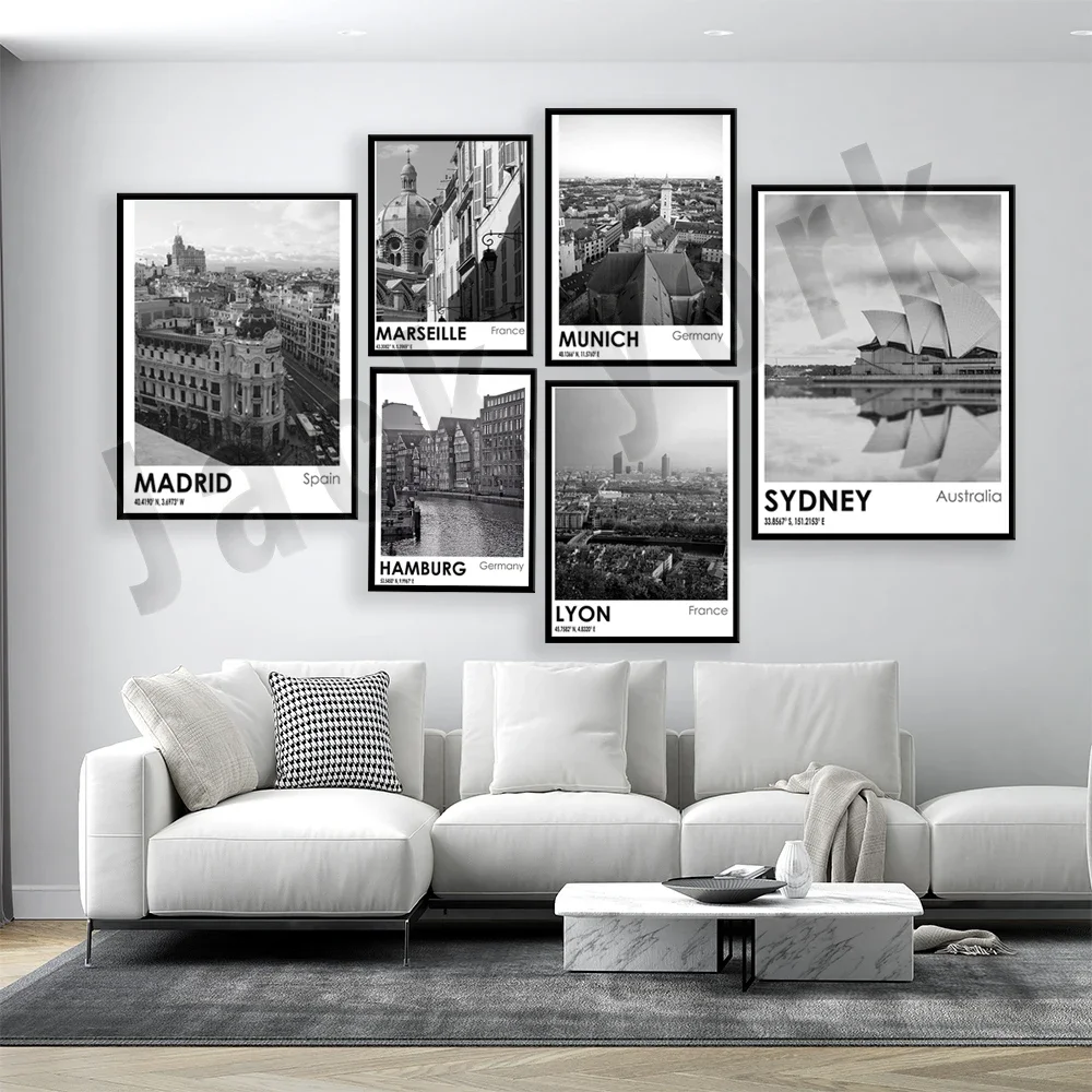 فالنسيا، برشلونة، سيدني، مرسيليا، ليون، مدريد، لوس أنجلوس، ميونيخ، هامبورغ ملصق سفر للصور أبيض وأسود #2