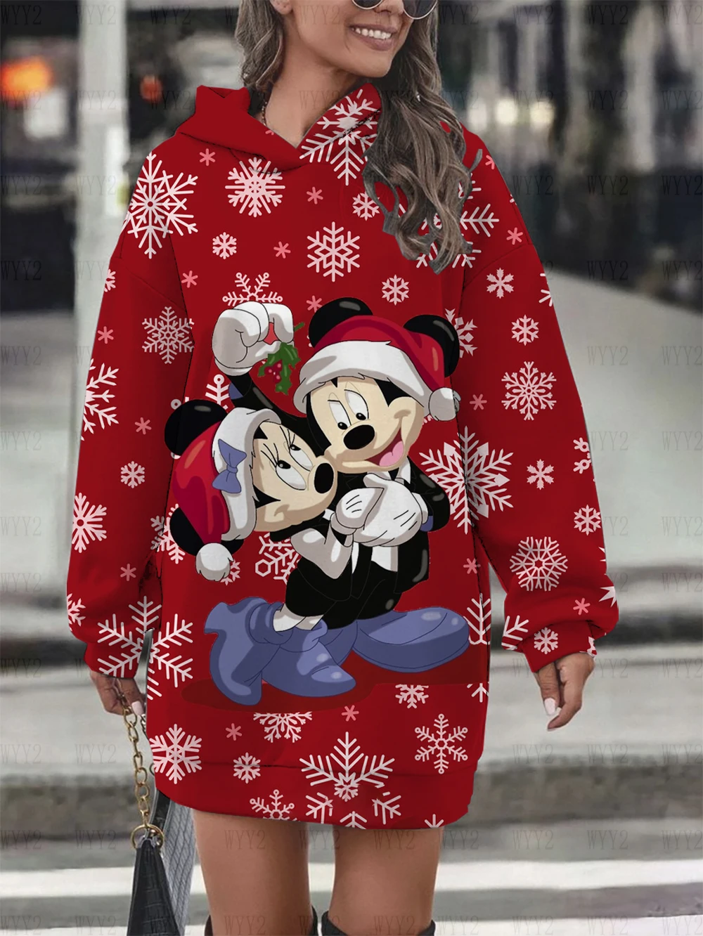 Disney Mickey Minnie print women\'s fashion autumn and winter sweater dress Christmas series hoodie long sleeve hooded dress