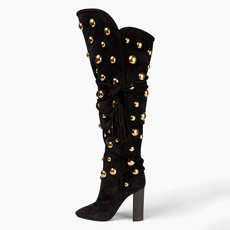 Studs Knee Boots Black Pointed Toe Velvet Shoes Women\'s Chunky Heel Tassel Fringe Metal Ball Cool Girl Punk Women Winter Boots