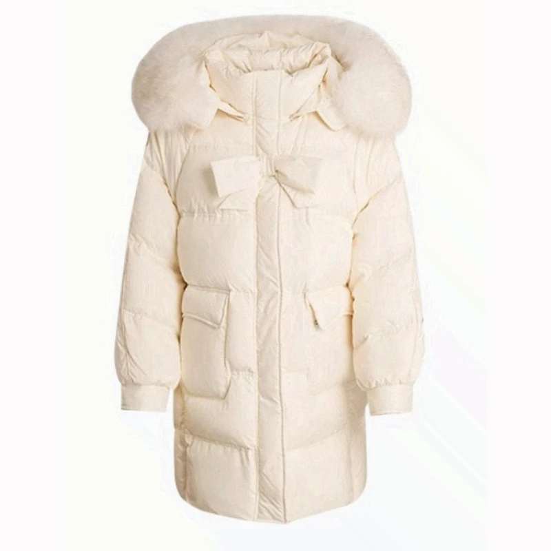 OLrain الحلو مقنعين أسفل سترة المرأة شتاء 2025 جديد الفرنسية طويلة أسفل سترة الصلبة القوس تصميم فضفاض المعاطف الدافئة O22DY59033 #6