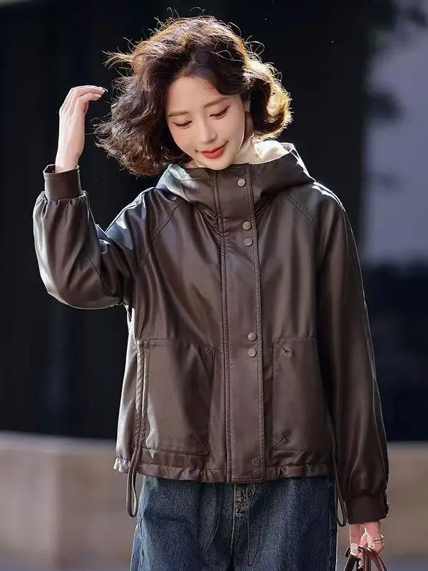 Thiened Fce 暖かいレザー風ジャケット レディース 冬用 小さいサイズ カジュアル ゆったり ファー付き フード付きコート ジッパー開閉 ロング丈...