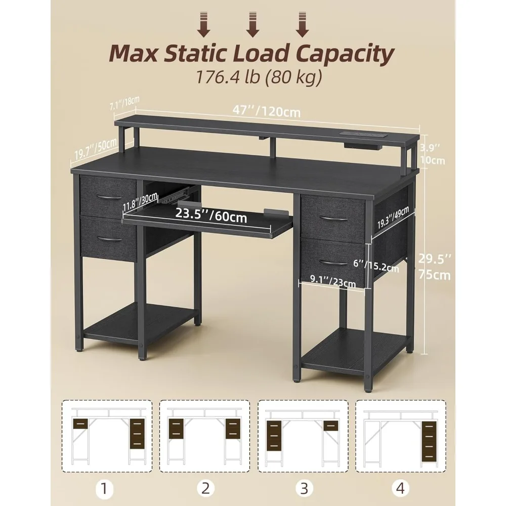 LED-Lit 47 Gaming Desk with Storage Drawers and Built-In Power Outlets for Home Office