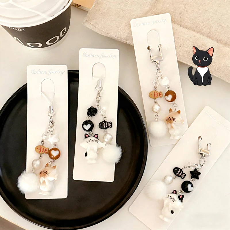 1/4 Stück süße Katze Handykette Anhänger Mädchen vielseitiger Schlüsselanhänger Haarball Perlen Anhänger Rucksack Anhänger