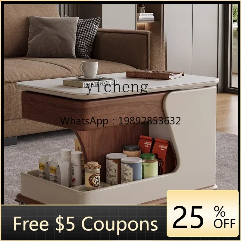movable side table coffee table small apartment living room balcony trolley rock slab multi-functional lifting solid wood
