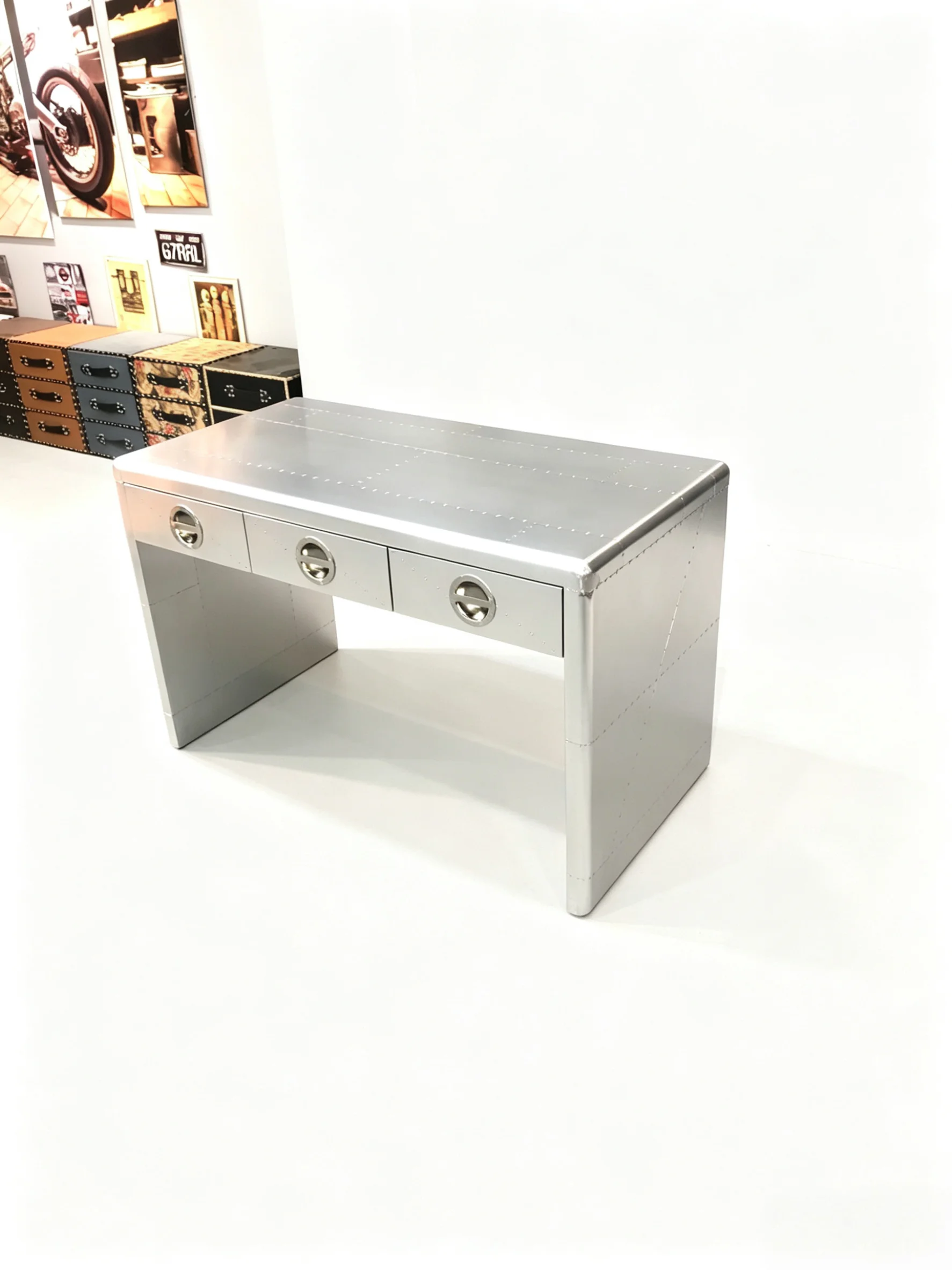 LOFT industrial-style aluminum desk, vintage whiskey metal storage cabinet, cigar room storage cabinet