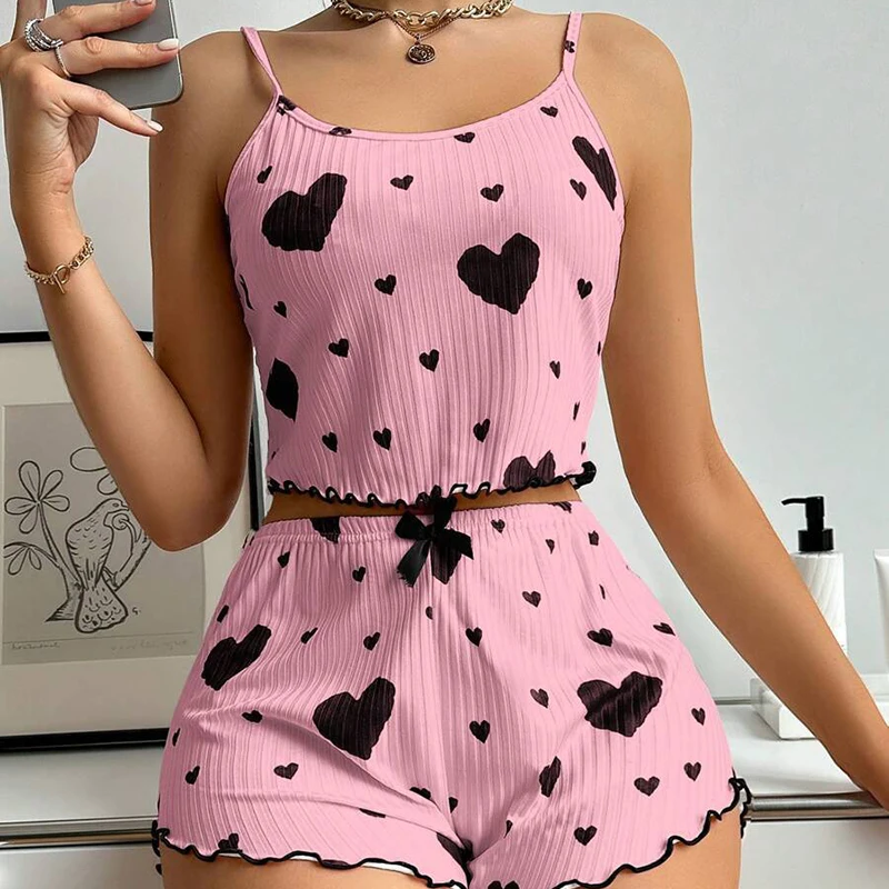 Women's Pajamas Set Sleepwear 2 PCS Short Tank Tops And Shorts S M L XL White Ventilate Soft Casual Love Printing