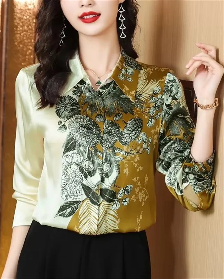 2025 Spring Autumn Trend Vintage Print Women Shirt Tops Fashion Long Sleeve Blouse Casual Office Elegant Female Lapel New Shirt