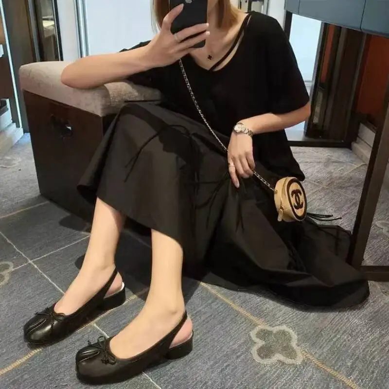 تابي الصنادل النساء العلامة التجارية مصمم Slingback كعب مضخات انقسام تو البغال الصنادل الصيف Bowknot أحذية الباليه السيدات 35-43 حجم #4