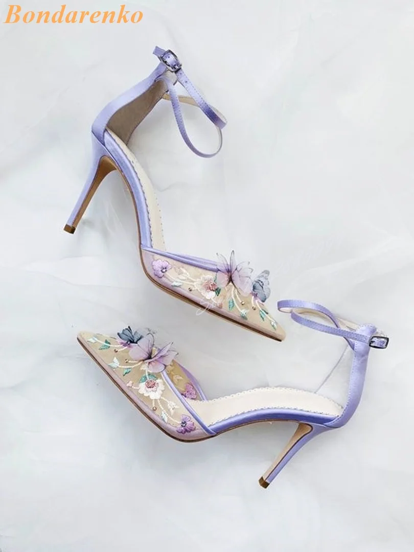 Sexy Butterfly Mesh Sandals New Style Buckles Straps Pointy Toe Women Sandals Designer Shoes Chunky High Heels Printed Summer