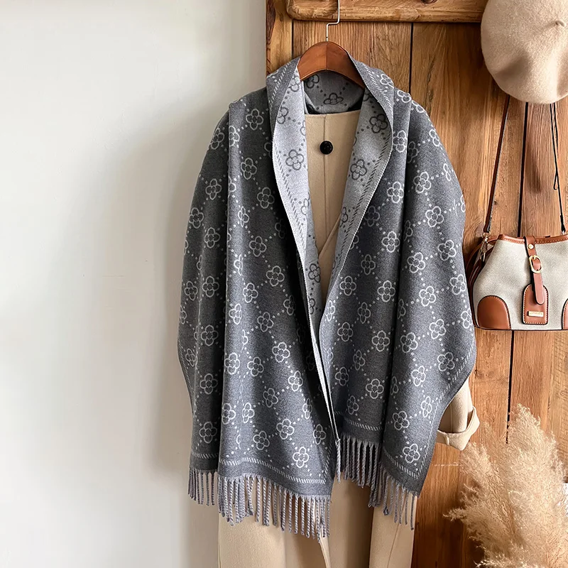 Marken-Jacquard-Design, zweiseitiger Winterschal, Kaschmir, weich, warm, lange Fransen, Pashmina-Schal, kältebeständig, winddicht, Deckenschal – Detail 16
