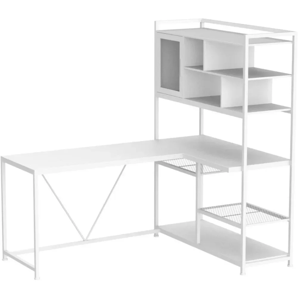 L-shaped Computer Desk, 58 Inch Office Desk with LED Lights and Bookshelf, Equipped with Home Office Storage White Gaming Desk