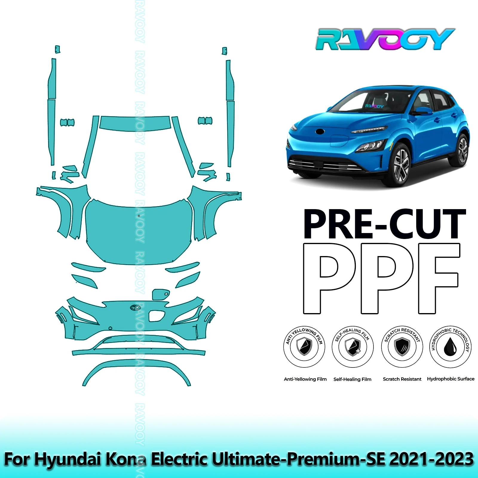 

8.5Mil Precut Paint Protection Film PPF Clear Bra Front Kit+Rockers For Hyundai Kona Electric Ultimate-Premium-SE 2021-2023