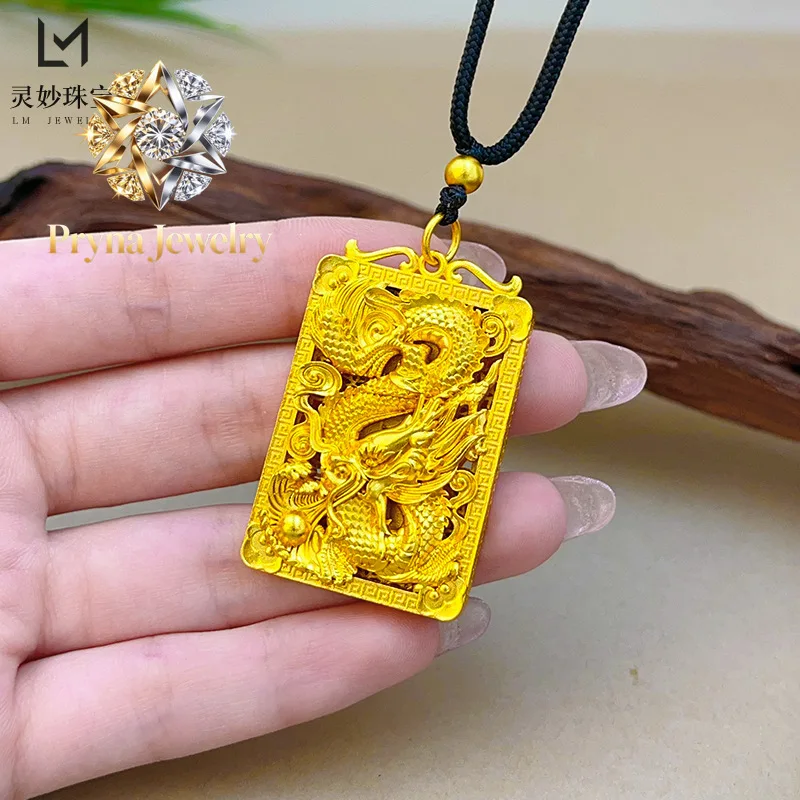 

Pryna Jewelry 24K Real Gold Aoki Cloud Zodiac Dragon Card Pendant 9999 Men's Square Pendant Domineering and Versatile Dragon T