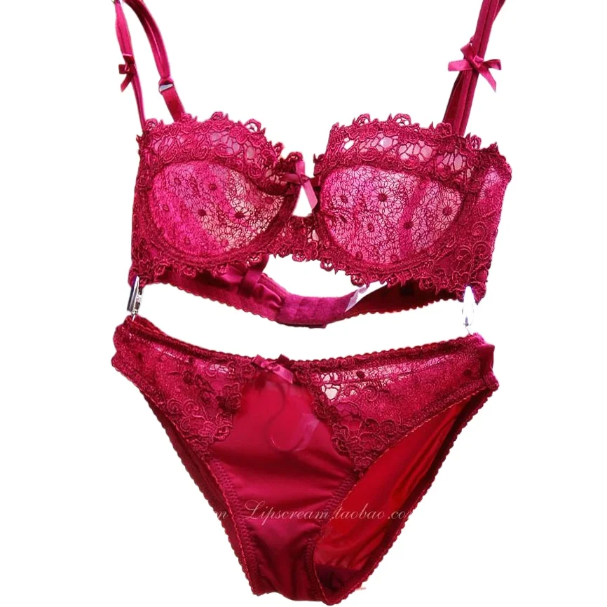 KUCLUT Fashion transparent sexy bra set plus size Women lace embroidery ultra-thin red blue underwear suit Factory Wholesale
