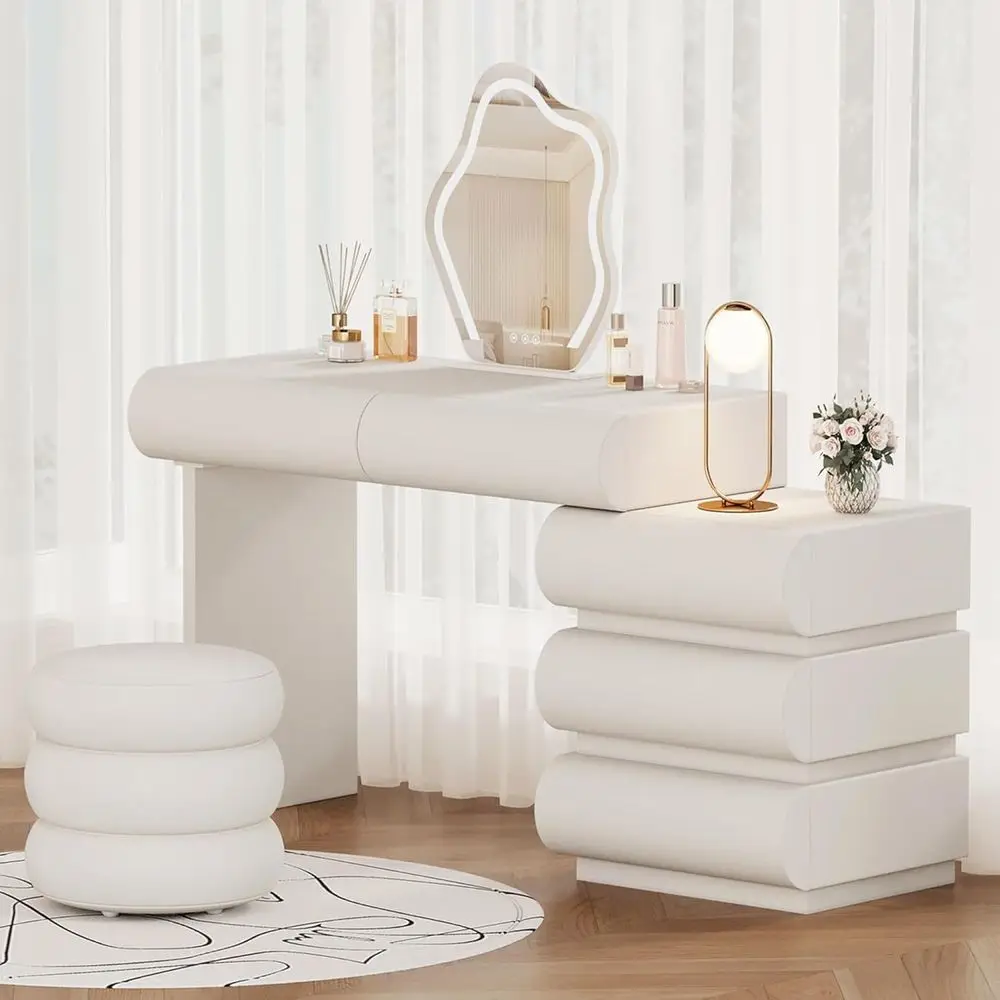 

LED Mirror Vanity Set with Stool, 5-Drawer Makeup Desk and Side Cabinet, Easy Assembly, Perfect for Bedrooms